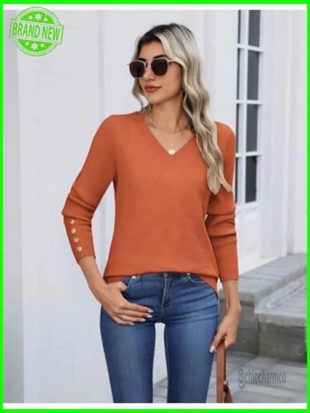 Lightweight Ribbed Knit Pullover Sweater with V-Neck and Button Cuffs